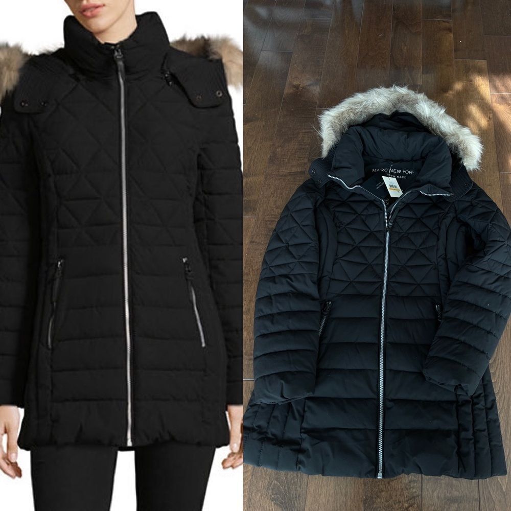 Marc New YorkβFaux Fur Hooded Quilted Coat-BLACK-Small